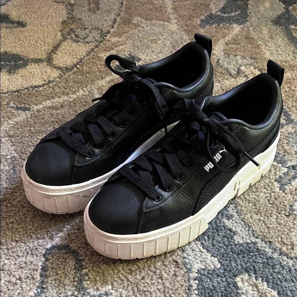 Puma Black Leather Sneakers with White Platform Soles